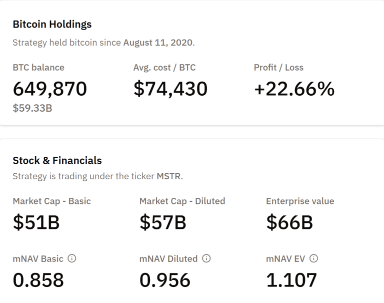 Holdings of Bitcoin by Strategy as reported by BitcoinTreasuries NET