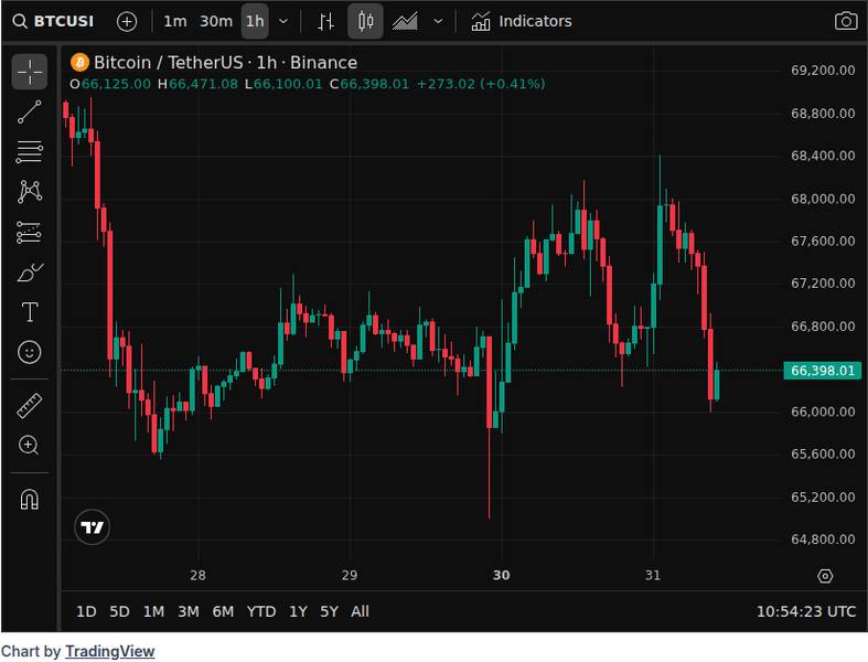 CoinGecko price chart for Bitcoin price dips below $66K ahead of US Department of War press briefing