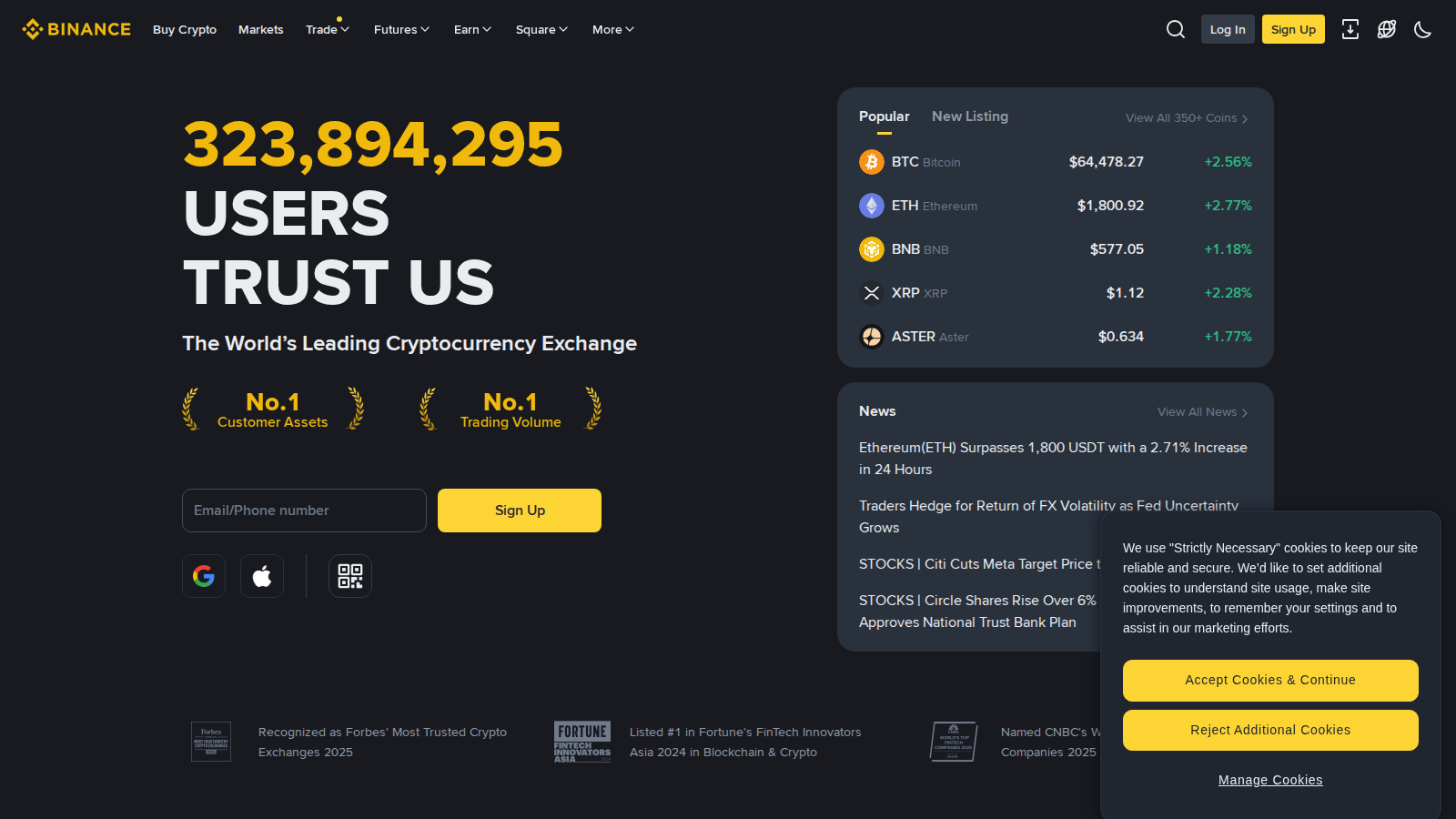 Binance homepage captured during our July 2026 review of crypto exchanges relevant to Vietnam users.