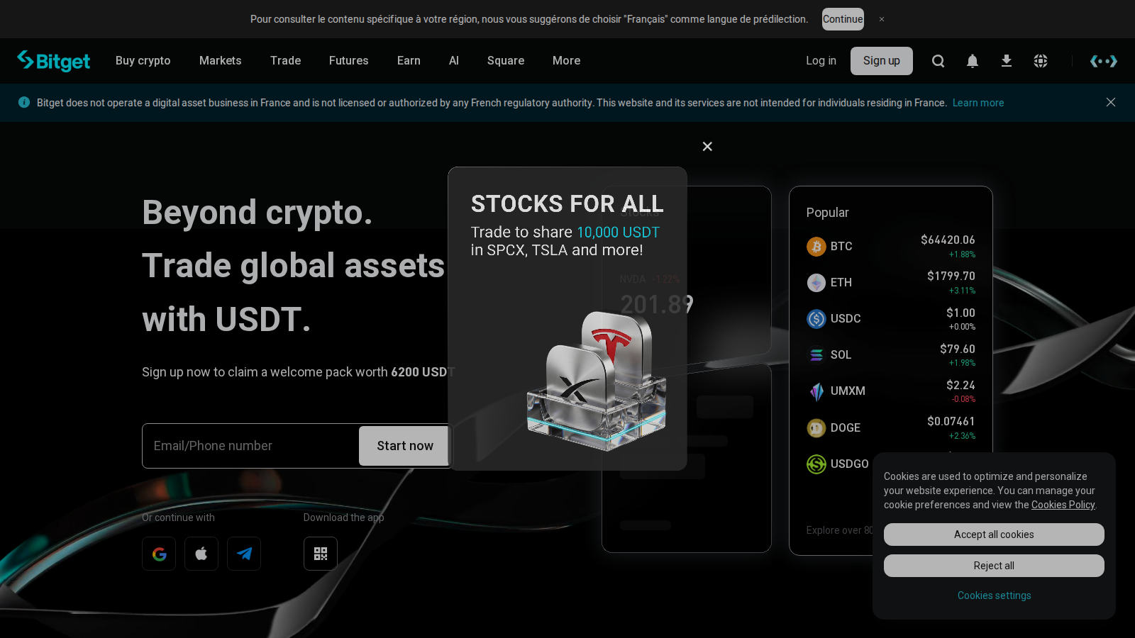 Bitget homepage captured during our July 2026 review of crypto exchanges relevant to Vietnam users.