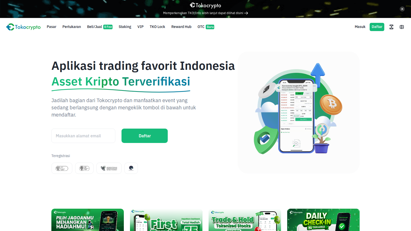 Tokocrypto homepage captured during our July 2026 review of crypto exchanges in Southeast Asia.