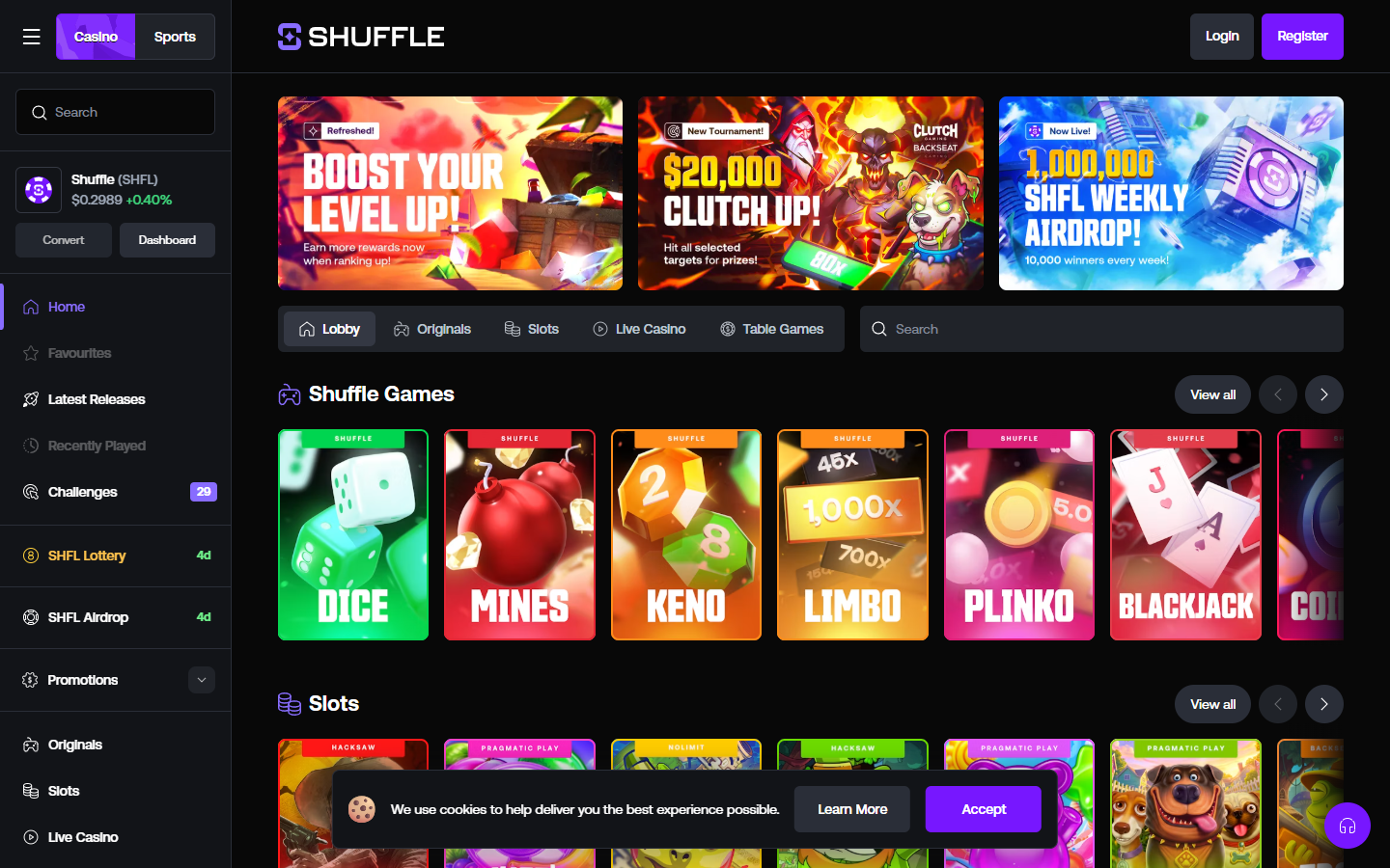 Shuffle.com crypto casino lobby showing rakeback dashboard and game selection