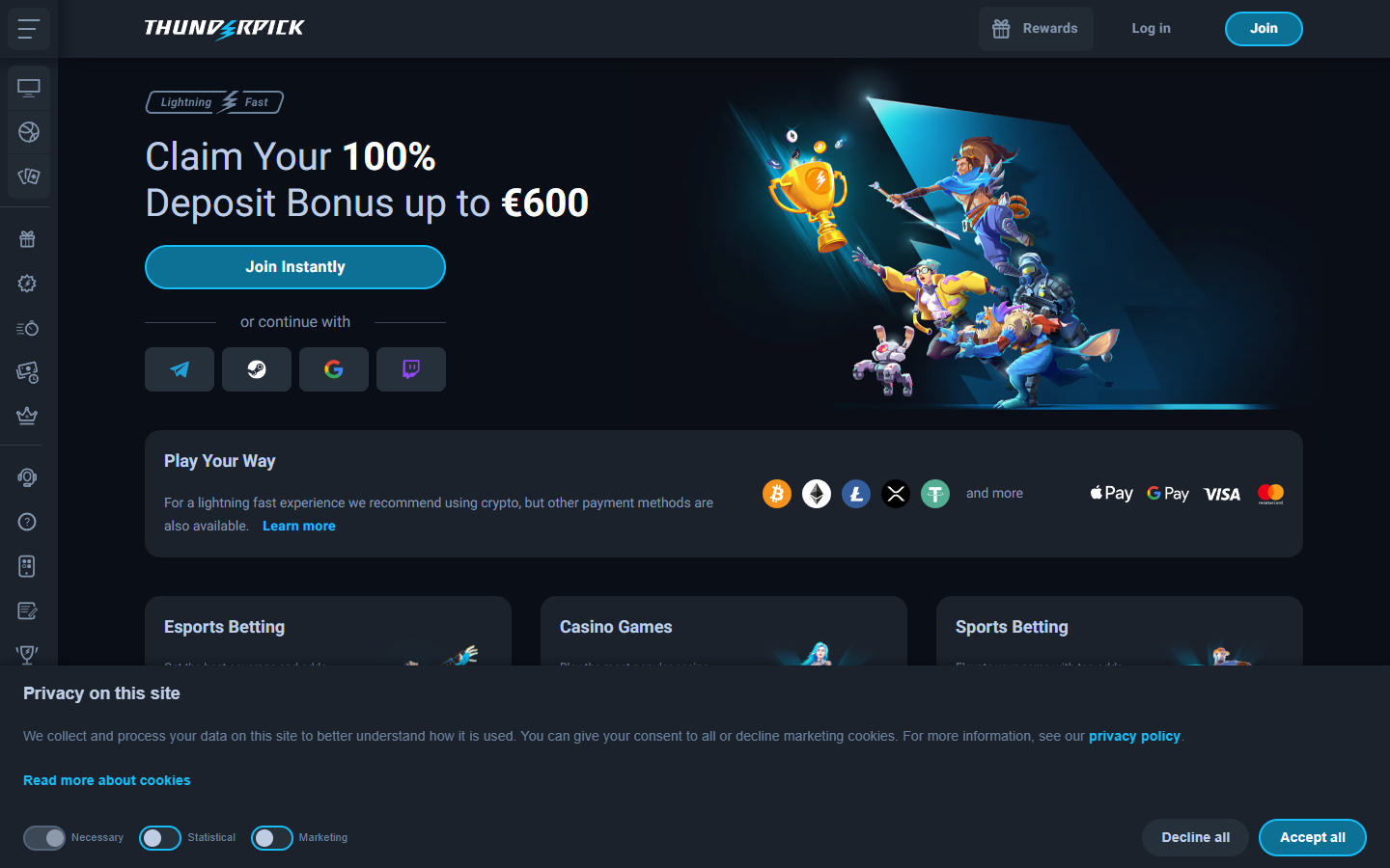 Thunderpick crypto esports betting platform showing game and sports markets