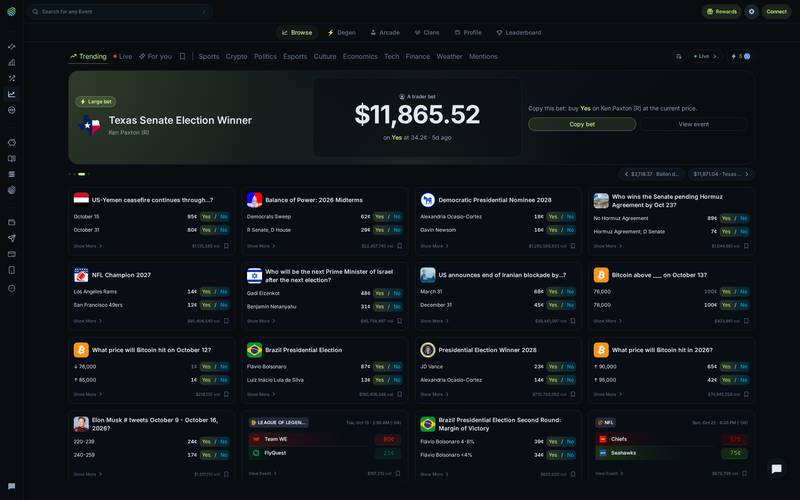 Jupiter Prediction Browse with event cards, prices, volume and featured bet