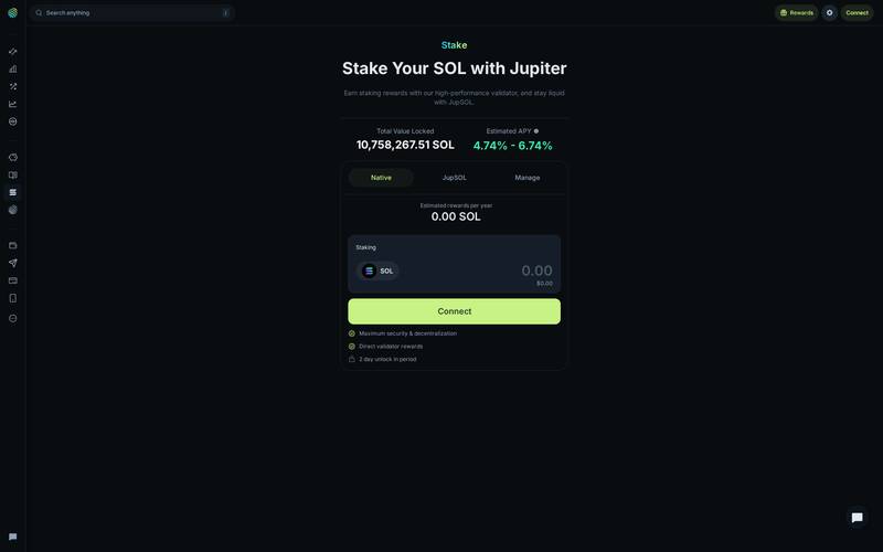Jupiter Native SOL staking screen with TVL, APY and unlock information
